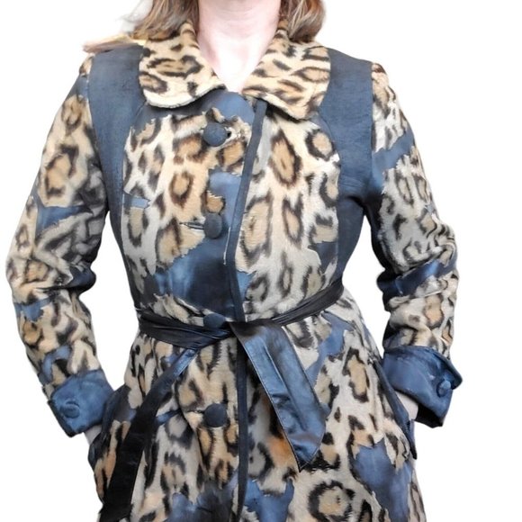VTG 60s Small Faux Fur Leather Animal Print Leopard Statement Trench Jacket Coat - Picture 4 of 14
